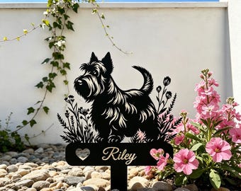 Estaca conmemorativa personalizada para jardín en honor a un terrier escocés, marcador de tumba para perro personalizado, estaca de metal oxidado, regalo de condolencia para amantes de los terriers escoceses.