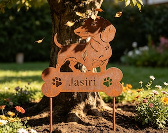 Estaca conmemorativa personalizada para perro salchicha, placa con el nombre del perro, regalo para recordar a una mascota fallecida, marcador de tumba para perro, decoración de jardín para exteriores, letrero rústico de metal