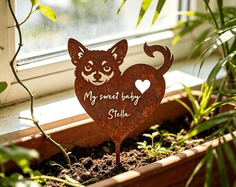 Marcador de tumba personalizado para perros, estaca rústica de metal conmemorativa para chihuahuas, homenaje para perros pequeños en el jardín.