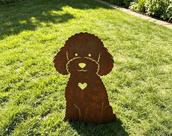 Estaca conmemorativa rústica de metal oxidado con forma de caniche miniatura, marcador de tumba personalizado para perros en el jardín, para recuerdo de mascotas.
