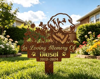 Estaca conmemorativa personalizada para Golden Retriever, marcador de jardín de metal con nombre y fecha personalizados, regalo de condolencia por la pérdida de una mascota.