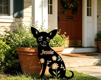 Marcador de tumba personalizado para perros, estaca rústica de metal conmemorativa para chihuahuas, homenaje para perros pequeños en el jardín.