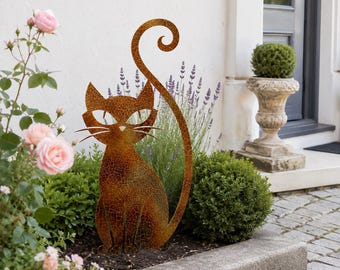 Silhouette di gatto in metallo arrugginito rustico, decorazione da giardino per gatti realizzata a mano, arte del metallo bruciato, decorazione per esterni.