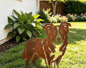 Custom Border Collie Garden Memorial Stake, Weathered Rusty Metal Yard Art