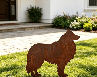 Custom Border Collie Garden Memorial Stake, Weathered Rusty Metal Yard Art
