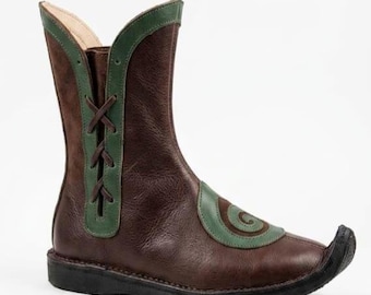 Botas élficas de cuero hechas a mano – Calzado de fantasía LARP en verde bosque y marrón