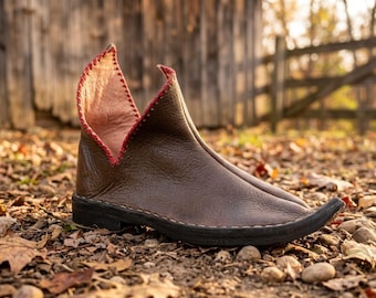 Handmade Leather Ankle Boots | Tribal Medieval Nomad Style, Hand-Stitched Ethnic Shoe