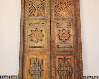 Custom Handcrafted Moroccan Double Door, Atlas Cedar Wood, Sunburst Star Carvings
