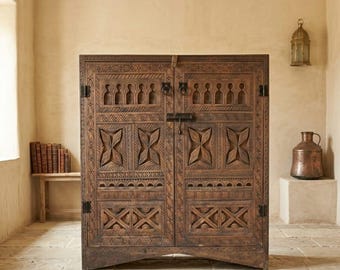 Custom Hand Carved Wood Cabinet, Rustic Moroccan Storage Sideboard, Geometric Carvings