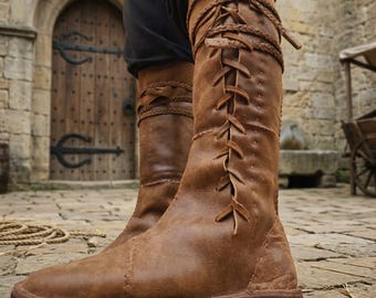 Botas medievais vikings de couro – Calçado rústico com cadarço trançado