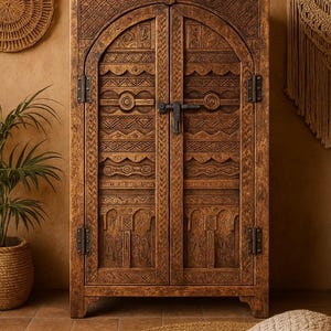 May include: A wooden cabinet with intricate carved designs and a dark brown finish. The cabinet has two doors with a central latch and metal hinges. The design includes geometric and stylized patterns. The cabinet is a piece of furniture.