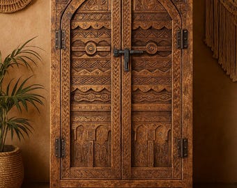 Hand Carved Moroccan Armoire, Rustic Bohemian Solid Wood Cabinet, Tribal Storage Wardrobe