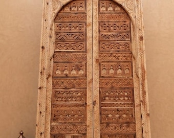 Custom Hand-Carved Moroccan Style Wooden Double Door, Artisan Geometric Carvings