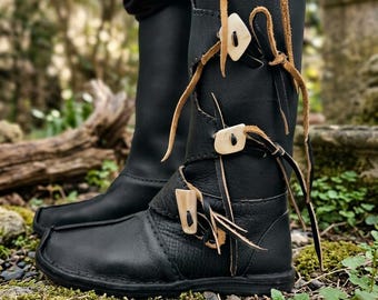 Handmade Black Leather Knee High Boots | Viking Moccasin, Bone Toggle Lace Up, LARP Fantasy