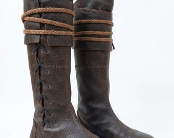 Handgemaakte leren Vikinglaarzen – Middeleeuwse hoge veterschoenen – Lange laarzen in volksstijl