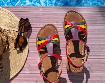 Handmade Leather Wedge Sandals – Multi-Color Strappy Boho Slingbacks