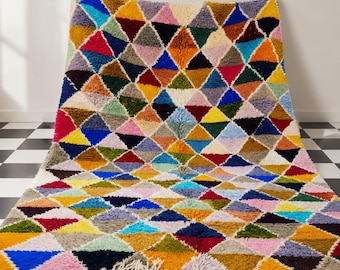 Handwoven Moroccan Wool Rug | Multicolor Diamond Beni Ourain, Boho Living Room