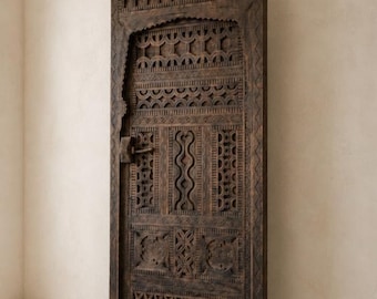 Antique Hand-Carved Moroccan Wood Door, Berber Arch Tribal Panel, 36x80