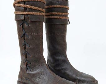 Handmade Leather Viking Boots – Medieval Tall Laced Footwear – Folk Style Long Boots