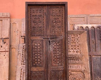 Antique Moroccan Double Door, Hand Carved Both Sides, Berber Geometric Wood Architectural Salvage Riad