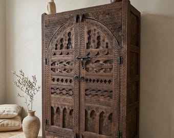 Hand Carved Solid Wood Moroccan Armoire, Rustic Boho Statement Cabinet