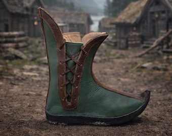 Middeleeuwse handgemaakte leren laarzen, leren Vikingschoenen