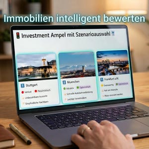 May include: A laptop screen displaying a software interface titled Immobilien intelligent bewerten and Investment Ampel mit Szenarioauswahl. The screen shows three city investment analysis cards for Stuttgart, Muenchen, and Frankfurt a.M. with various data points.