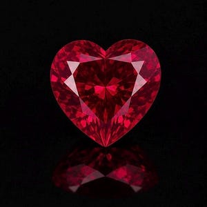 Puede incluir: Una gema de color rojo intenso y vibrante tallada en una forma de corazón precisa. La piedra presenta numerosas facetas triangulares y en forma de cometa que crean un patrón complejo y simétrico de luz y sombra sobre un fondo negro.