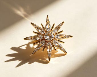 Gold Starburst Crystal Brooch Pin