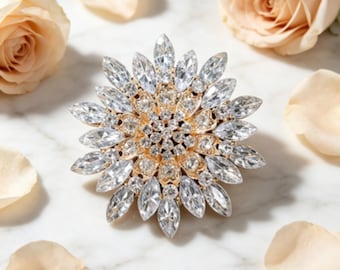 Broche de girassol com strass e cristais, joia de luxo dourada para vestido de noiva.