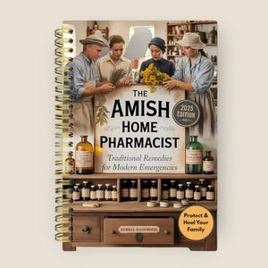 Könnte beinhalten: Ein spiralgebundenes Buch mit dem Titel The Amish Home Pharmacist: Traditional Remedies for Modern Emergencies, 2025 Edition. Das Cover zeigt vier Personen in schlichter Kleidung mit Kräutern, braunen Glasflaschen und einem Apothekerschrank.