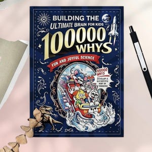 Puede incluir: Una portada de libro rectangular con fondo azul oscuro que presenta el título Building the Ultimate Brain for Kids 100000 Whys Fun and Joyful Science. La portada muestra una montaña rusa de dibujos con animales y un dinosaurio.