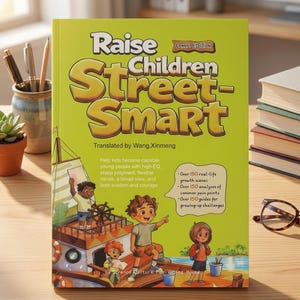 May include: A lime green book titled Raise Children Street-Smart Comic Edition. The cover features a cartoon illustration of children on a boat and a beach, with text describing over 150 real-life growth scenes and guides for growing-up challenges.