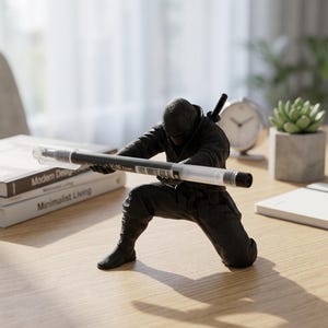 May include: A black ninja figurine in a kneeling pose, holding a clear plastic pen horizontally with both hands. The figure wears a traditional hooded outfit and has a sword hilt visible on its back. The pen features the text V-16 0.5mm.