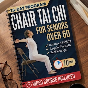May include: A spiral-bound book titled Chair Tai Chi for Seniors Over 60, featuring a 28-day program, a 10-minute daily routine, and a video course included. The cover shows a person in white clothing performing a seated exercise on a chair.