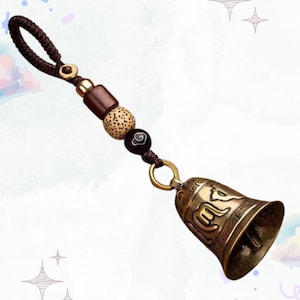 Vintage Brass Bell Keychain | Tibetan Six-Word Mantra, Handmade Rope Car Ring Pendant