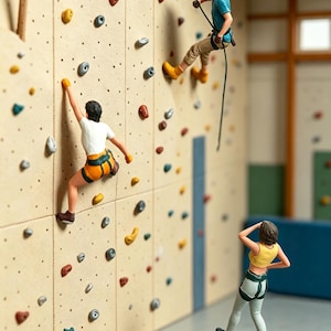 May include: A miniature climbing wall display featuring three small figures. One figure in a blue shirt and orange helmet climbs with a rope. Another figure in a white shirt climbs the wall. A third figure in a yellow top stands on the floor.