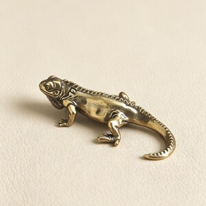 May include: A detailed brass iguana figurine. The reptile is depicted in a lifelike pose, with textured skin and intricate detailing. The figurine is a warm, antique gold color, and is set against a neutral background.