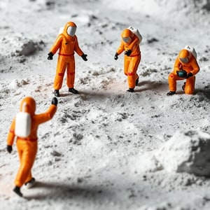 以下が含まれることがあります： 白いバックパックとヘルメットを着用し、鮮やかなオレンジ色の宇宙服を着た4体の宇宙飛行士のミニチュアフィギュア。フィギュアは月面を模した凹凸のある灰色の表面に配置されており、そのうち1体は膝をついて小さな物体を調べている様子である。