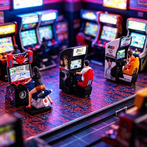 Puede incluir: Miniaturas de máquinas recreativas con gente jugando. La escena está ambientada en una sala de juegos retro con luces de neón y un suelo estampado. Los juegos recreativos tienen pantallas coloridas y diseños detallados.