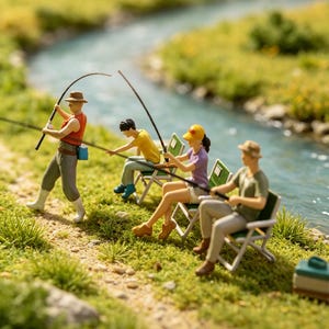 May include: A diorama showing miniature figures fishing by a river. One figure stands, holding a fishing rod, while three others sit in folding chairs. The scene is set in a grassy area with a blue river in the background.