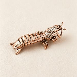May include: A bronze-colored metal sculpture of a mantis shrimp. The detailed crustacean figure has segmented body sections, claws, and antennae. The sculpture is a decorative item, likely for home decor or a collector's piece.