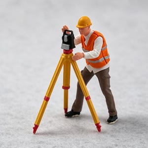 May include: A miniature figurine of a land surveyor wearing a yellow hard hat, an orange high-visibility vest over a white shirt, and brown trousers. The figure operates a black surveying instrument mounted on a yellow tripod with red accents.