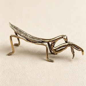May include: A detailed brass praying mantis figurine. The insect is depicted in a lifelike pose with intricate details on its legs, body, and head. The figurine has a metallic gold finish and is set against a neutral background.