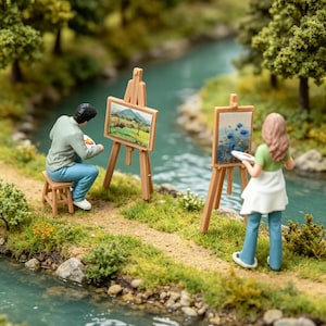 May include: Miniature scene of two artists painting by a river. One artist sits on a small stool, painting a landscape on a wooden easel. The other artist stands, painting blue flowers on a canvas. The scene is set in a lush, green environment with a blue river.