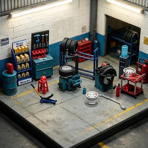 May include: Miniature garage scene with tools, tires, and equipment. Includes a blue toolbox, a red stool, a jack, and a Mobil oil display. The scene is set on a gray concrete floor with yellow lines, and is lit by overhead lights.