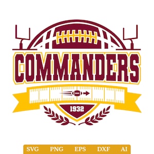 May include: A graphic design featuring the word COMMANDERS in bold maroon and yellow lettering. The design includes a football, goalposts, a yellow banner with a football icon, the year 1932, and a laurel wreath in maroon on a white background.