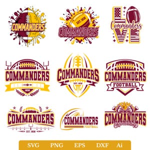 May include: A collection of nine graphic designs featuring the word COMMANDERS in maroon and yellow. The designs include footballs, goalposts, stars, and American flag patterns, with some elements showing paint splatters and the text EST. 1932.