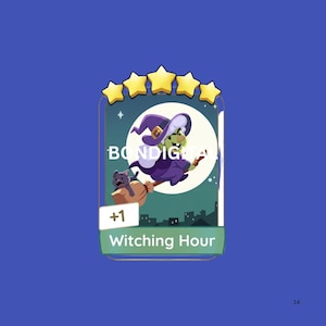 Op de afbeelding: Een rechthoekige digitale spelkaart met een groenhuidig figuur in een paarse hoed en gewaad op een bezemsteel met een zwarte kat. De kaart toont vijf gele sterren, de tekst BONDIGITAL, +1 en het label Witching Hour.