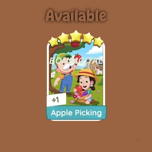 May include: A digital game card featuring a cartoon illustration of two characters picking apples in an orchard with a barn and cow in the background. The card displays five yellow stars at the top, the text "BONDIGITAL", "+1", and "Apple Picking".